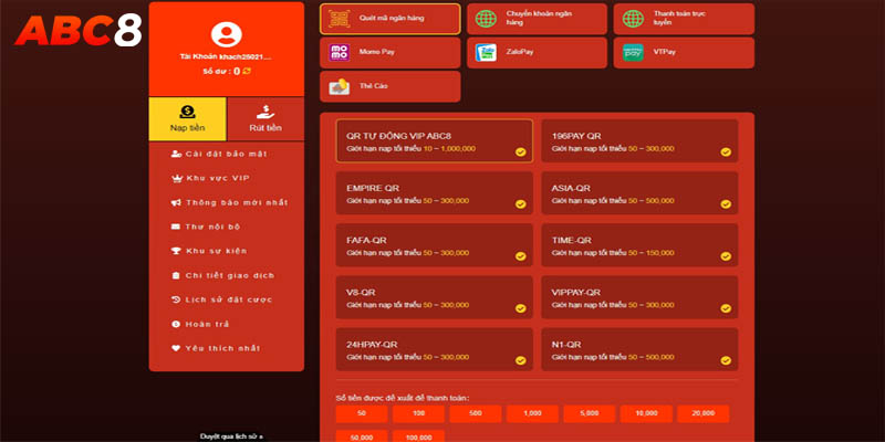 Nạp tiền ABC8 vào tài khoản nhanh chóng và an toàn